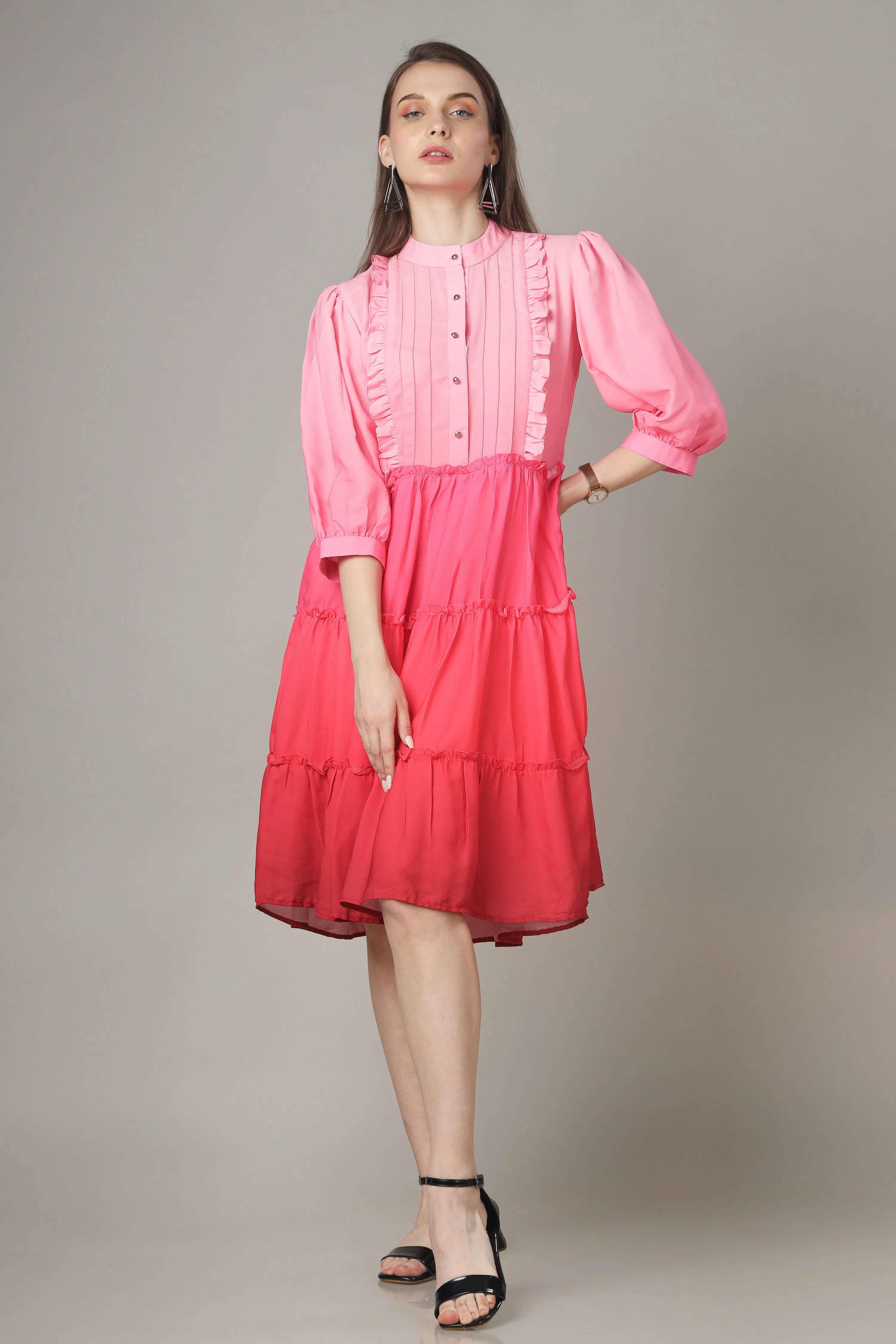 Pink Button Down Tiered Shirt Dress