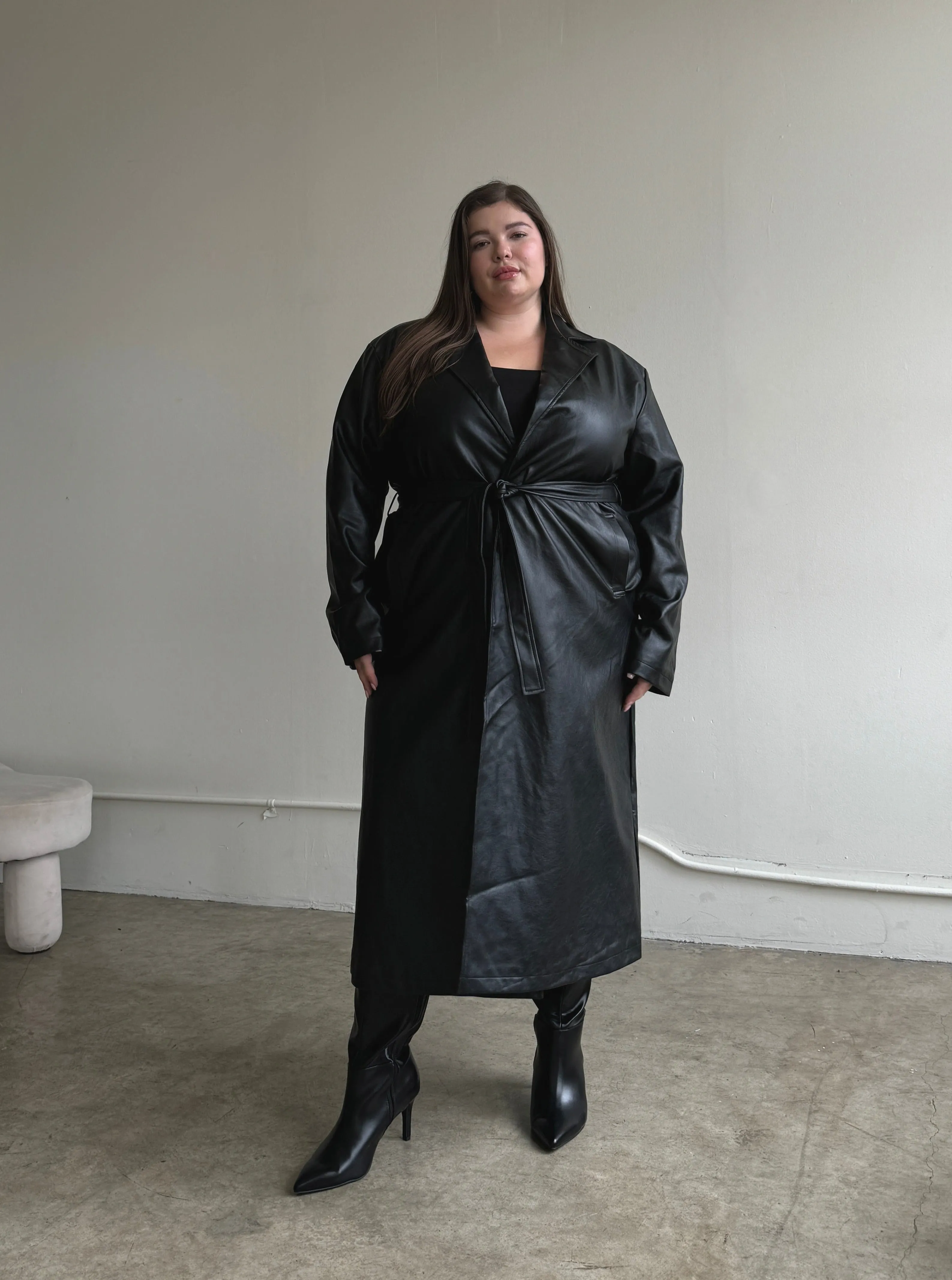 Plus Size Faux Leather Trench Coat