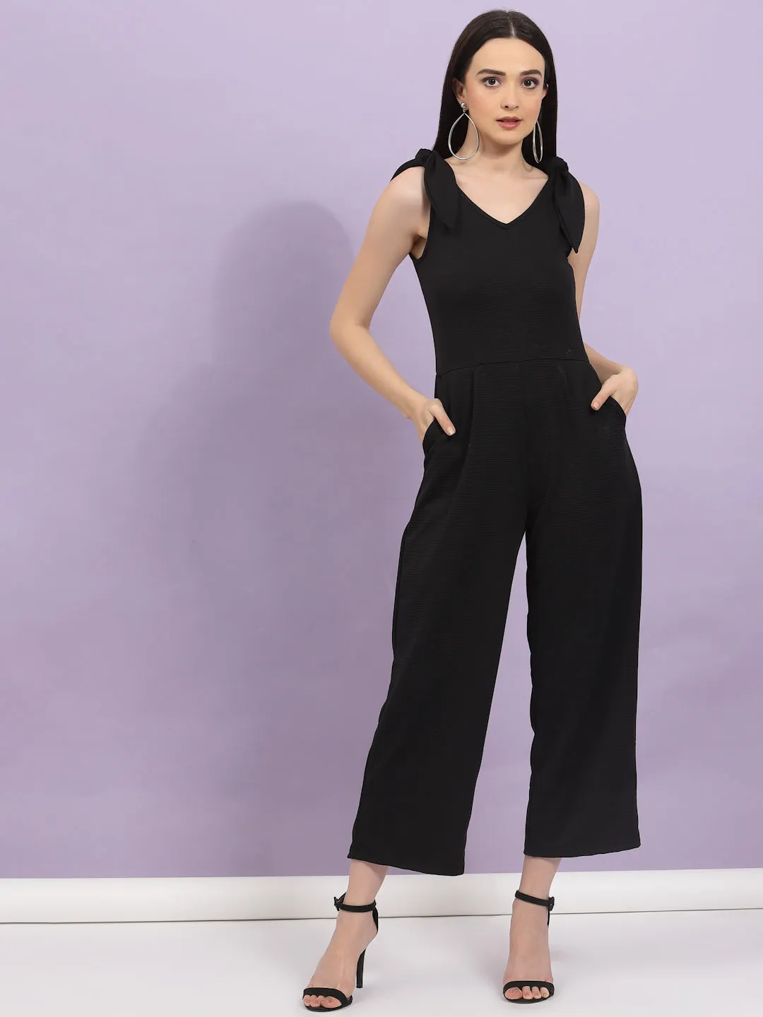 Poly Corduroy V Neck Tie-up Straps Jumpsuit