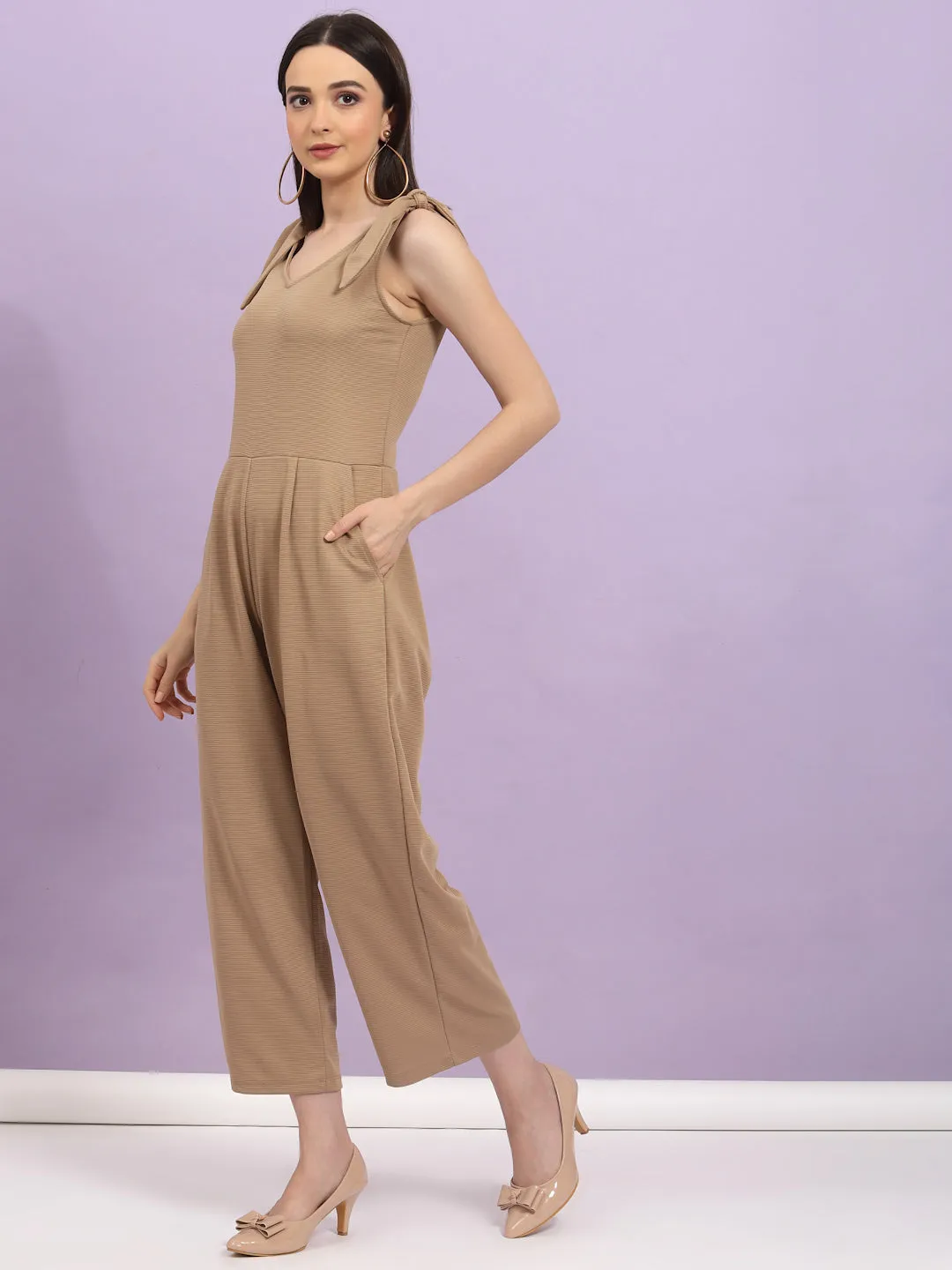 Poly Corduroy V Neck Tie-up Straps Jumpsuit