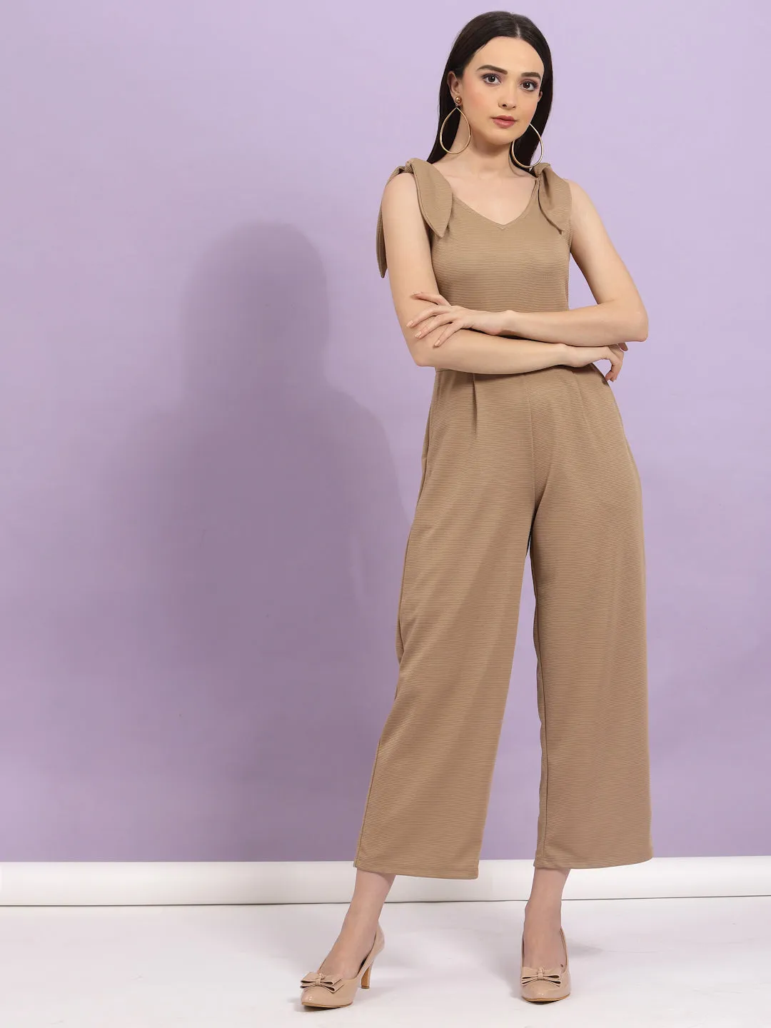 Poly Corduroy V Neck Tie-up Straps Jumpsuit