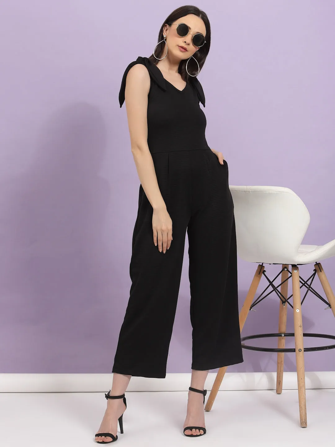 Poly Corduroy V Neck Tie-up Straps Jumpsuit