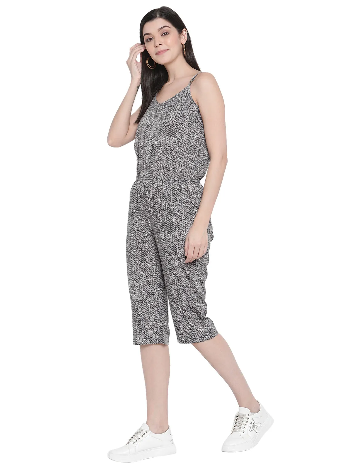 Porsorte Womens Spagetti Straps Poly Crepe Grey Printed Cullotes Jumpsuit