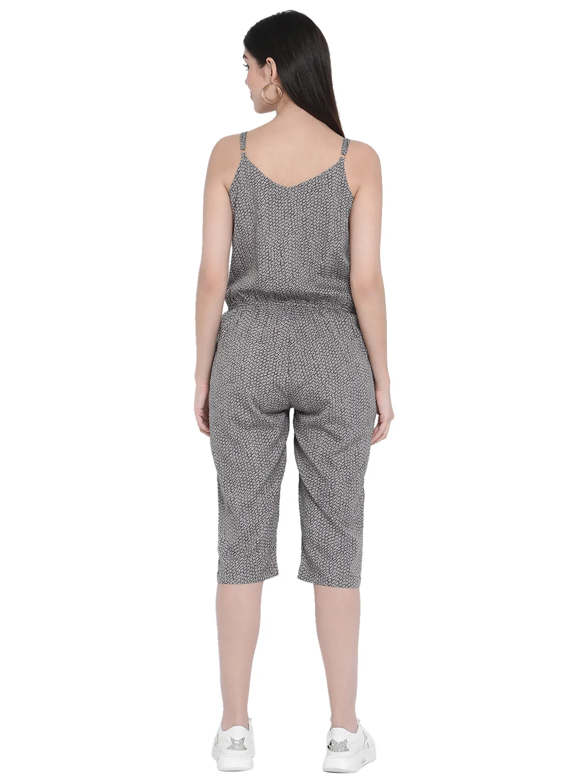 Porsorte Womens Spagetti Straps Poly Crepe Grey Printed Cullotes Jumpsuit