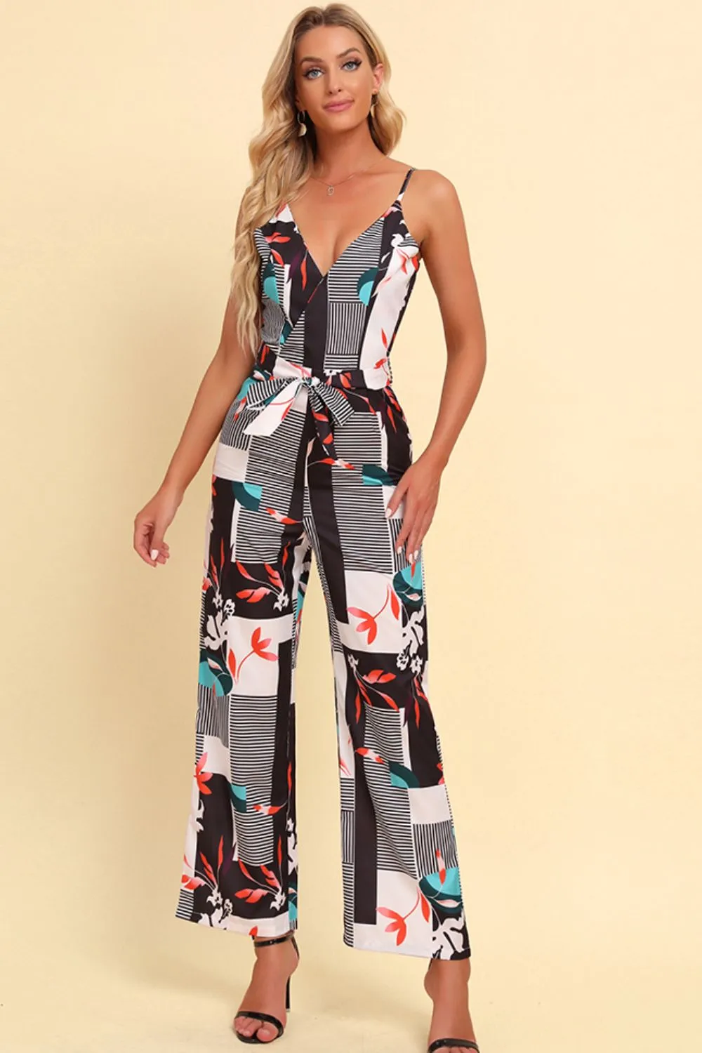 Printed Spaghetti Strap Tied Jumpsuit