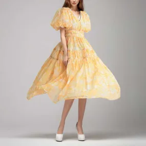 Puff Sleeve Midi Dress Yellow