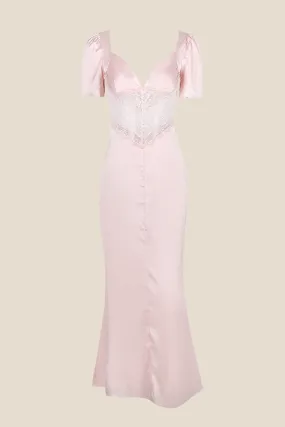 Puff Sleeves Pink Lace Splicing Mermaid Long Dress