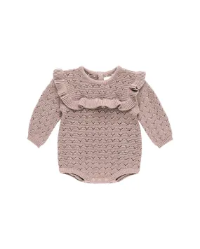 Quincy Mae Long Sleeve Pointelle Ruﬄe Romper Mauve