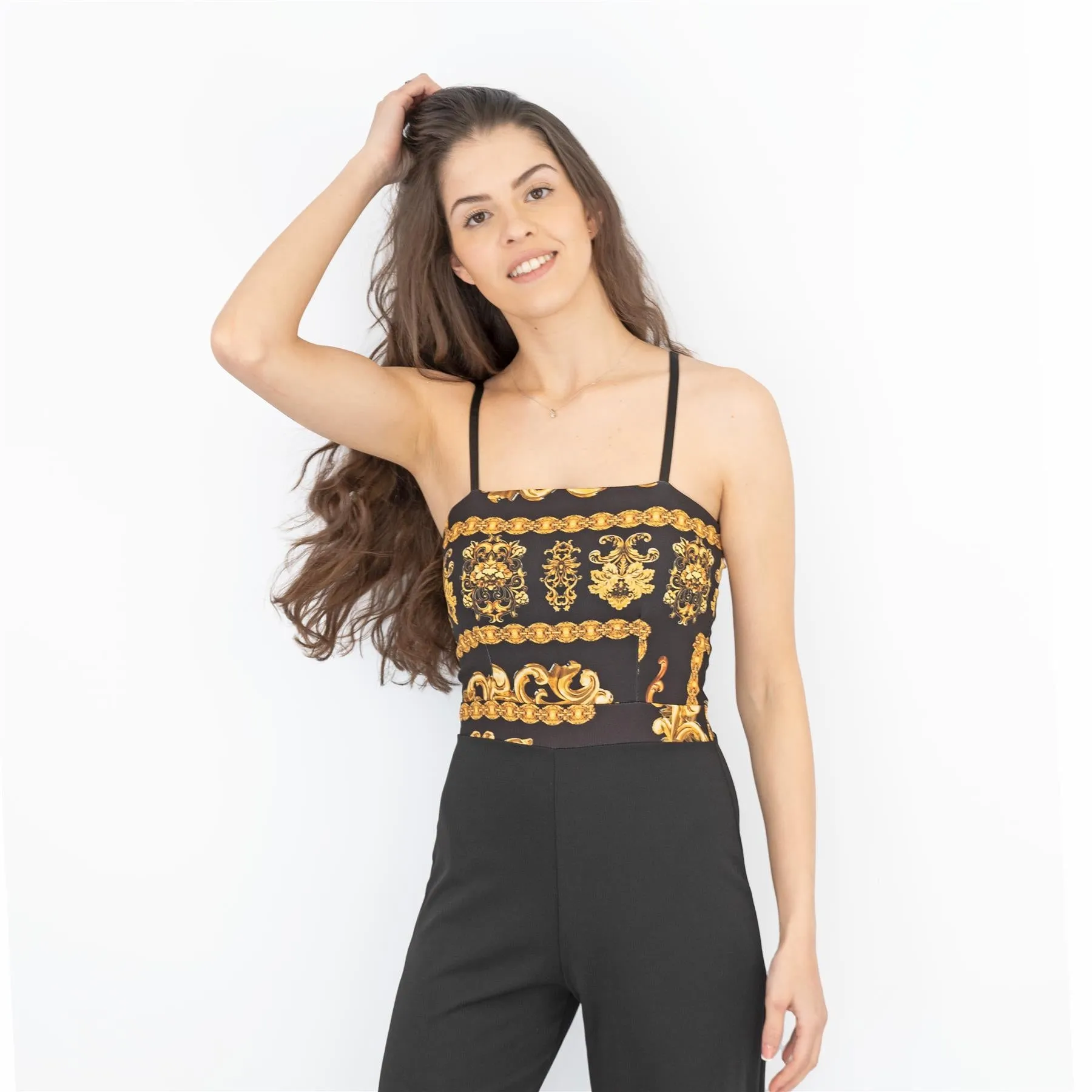 Quiz Black Gold Print Wide Leg Sleeveless Jumpsuits