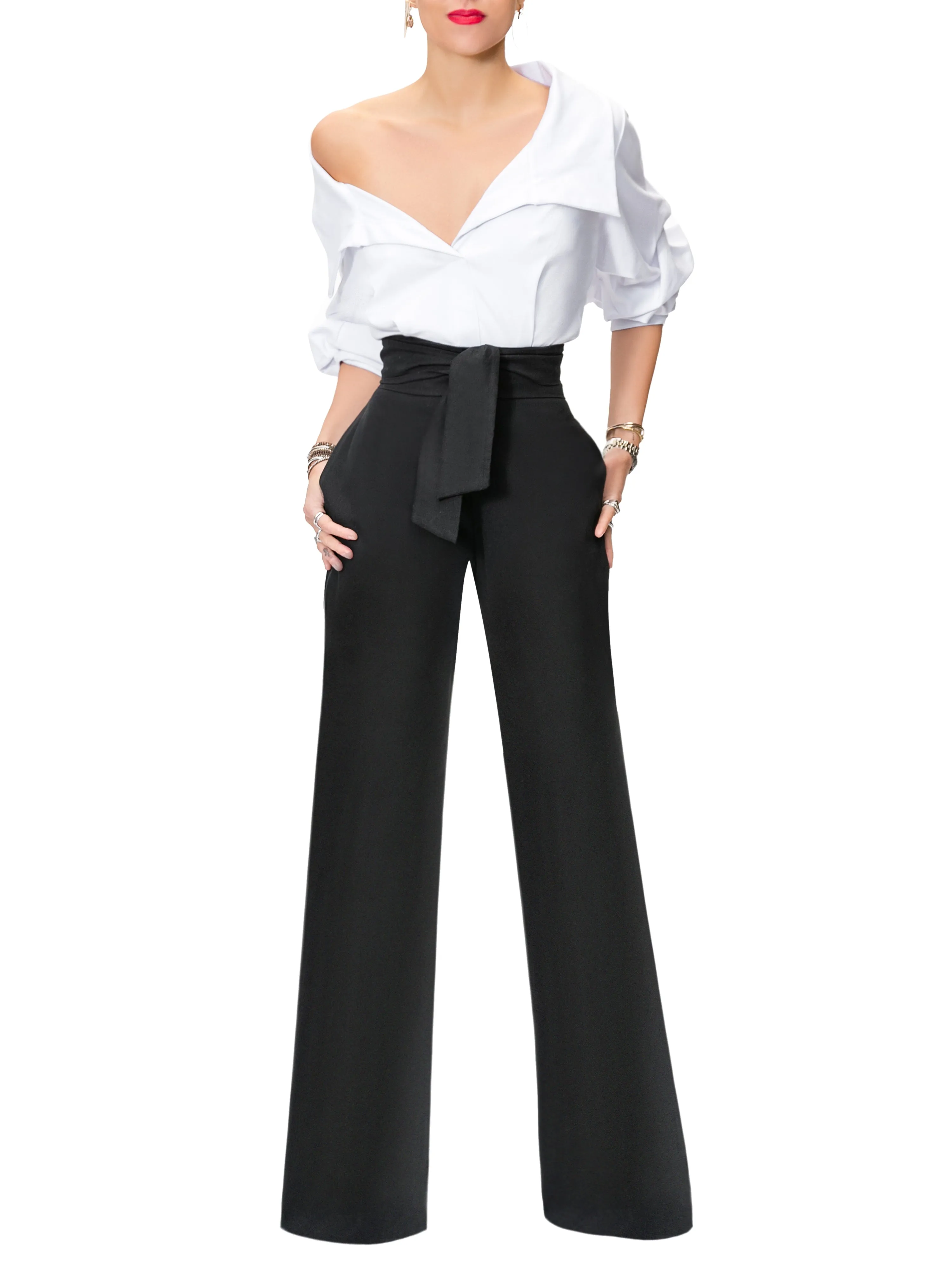 "Victoria" Black and White Off Shoulder Jumpsuit