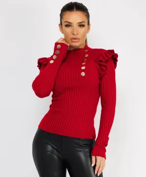 Red Knitted Frill Sleeve Gold Button Jumper Top