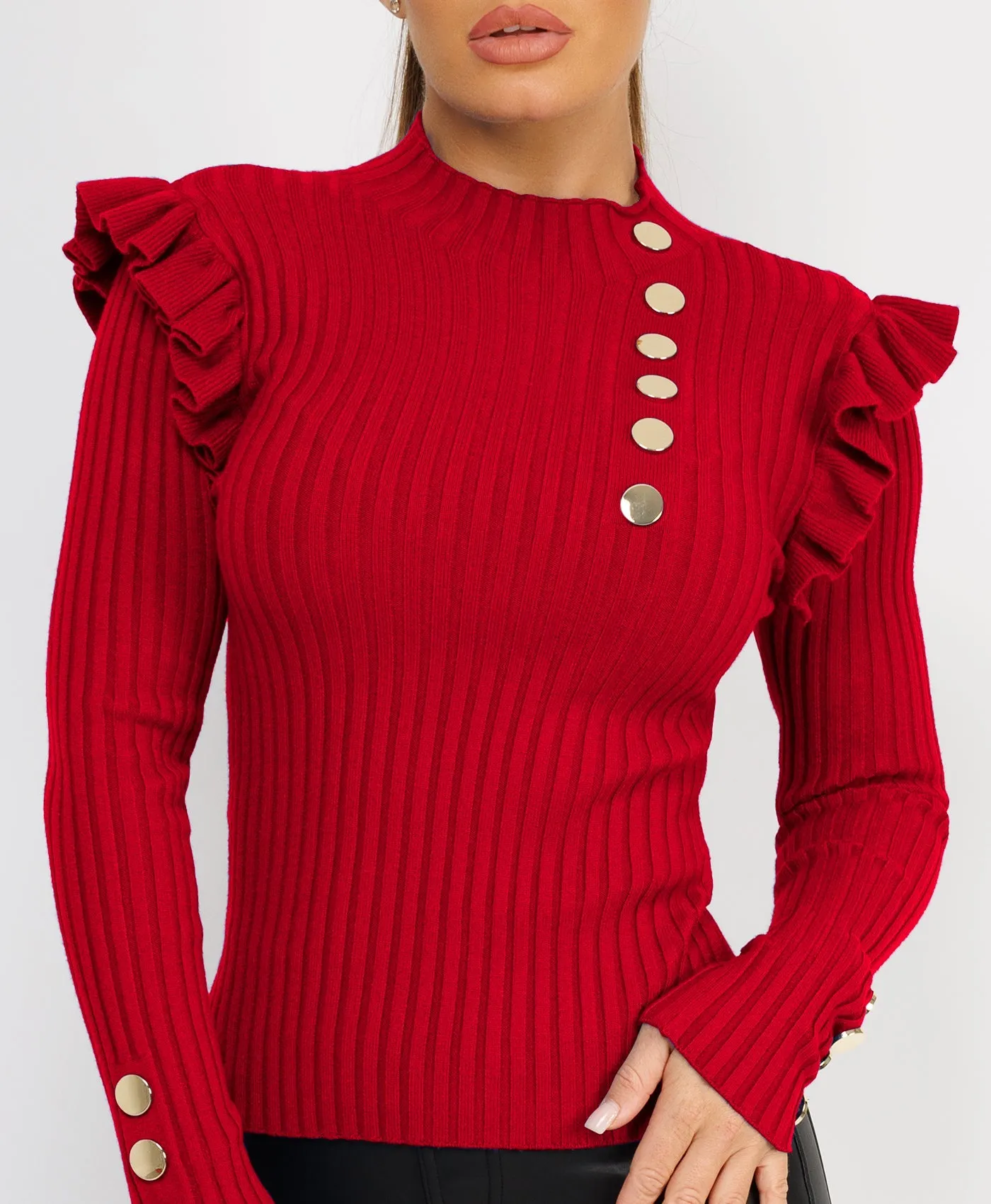 Red Knitted Frill Sleeve Gold Button Jumper Top