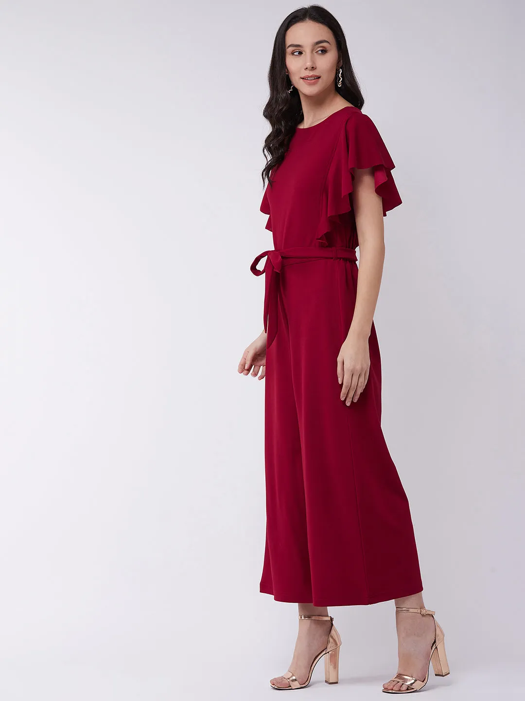 Red Solid Jumpsuit With Flared Sleeves