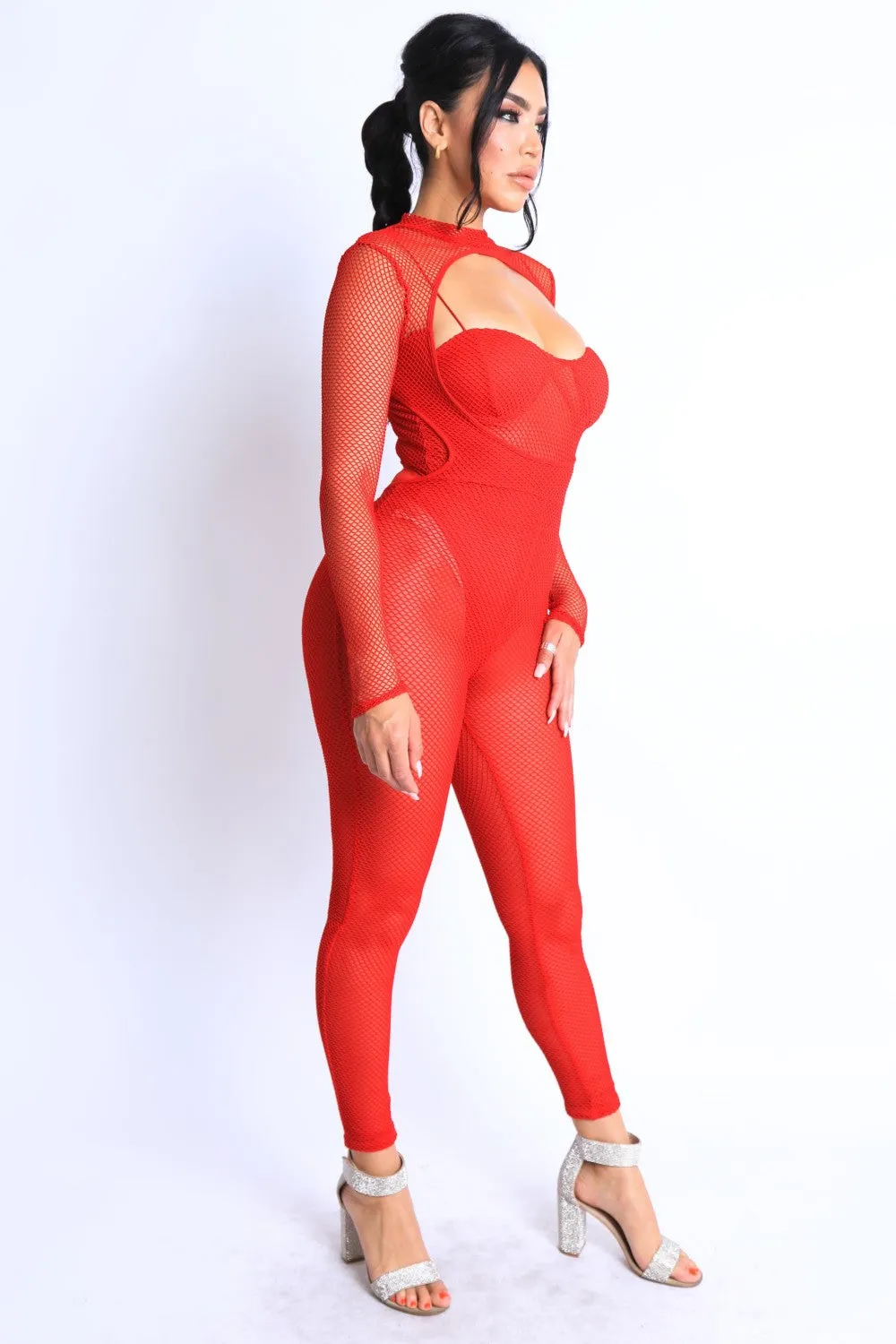 Red Women's Imported Mesh Crop Jumpsuit Set