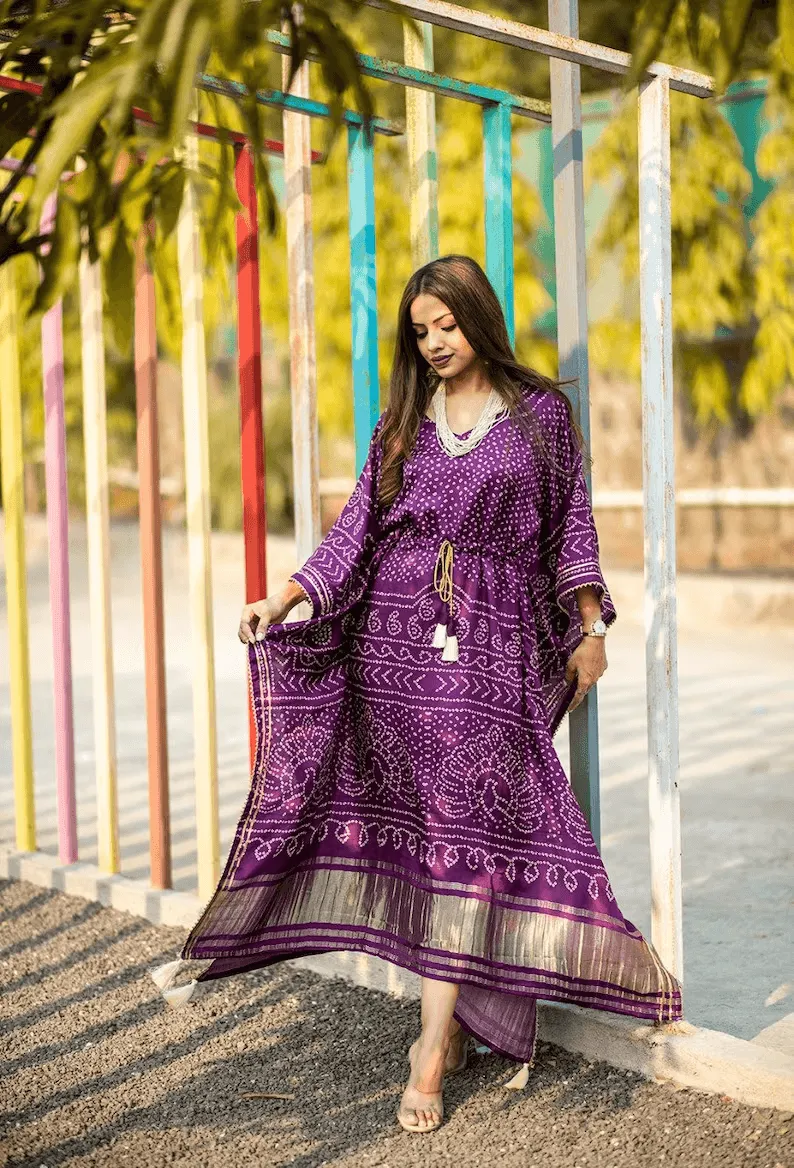 Royal Purple Silk Bandhani Kaftan Gown