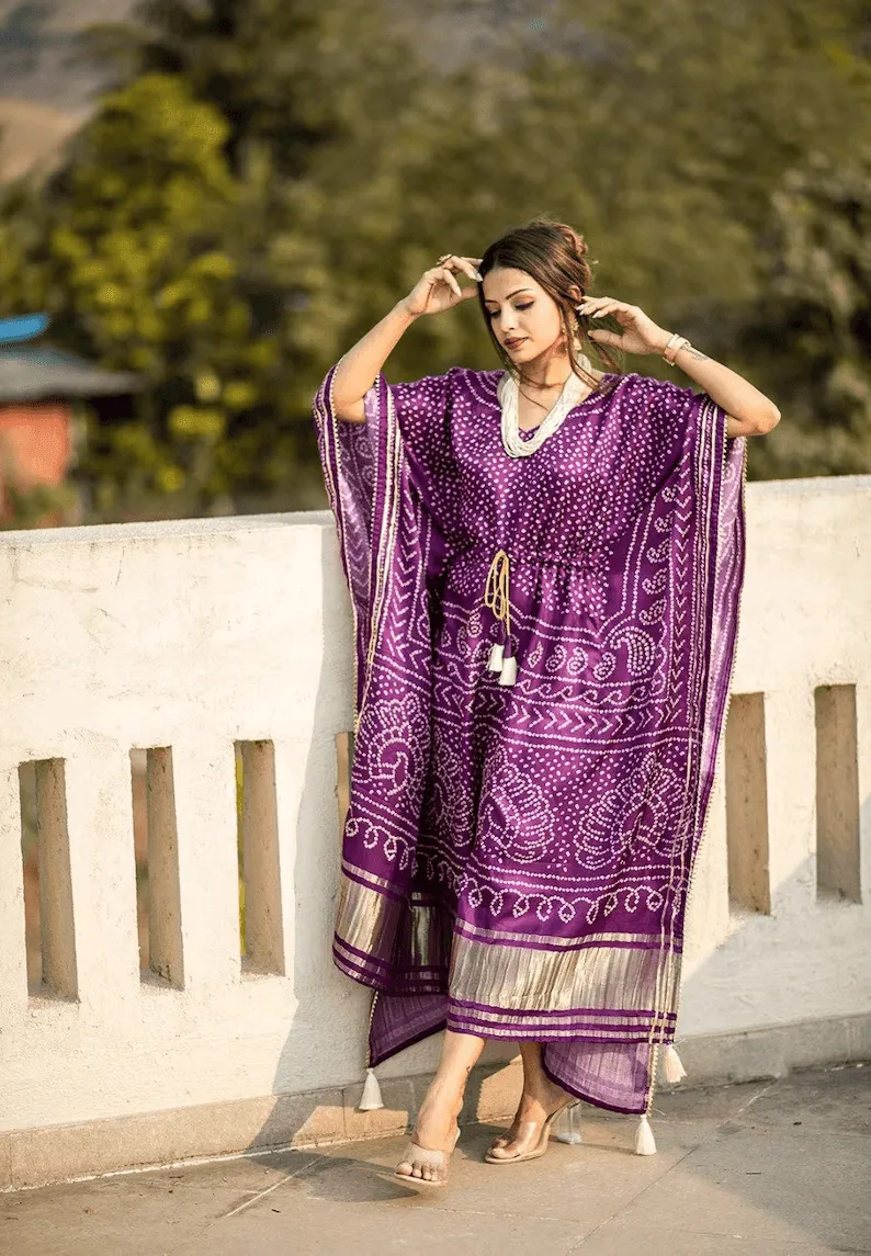 Royal Purple Silk Bandhani Kaftan Gown