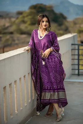 Royal Purple Silk Bandhani Kaftan Gown