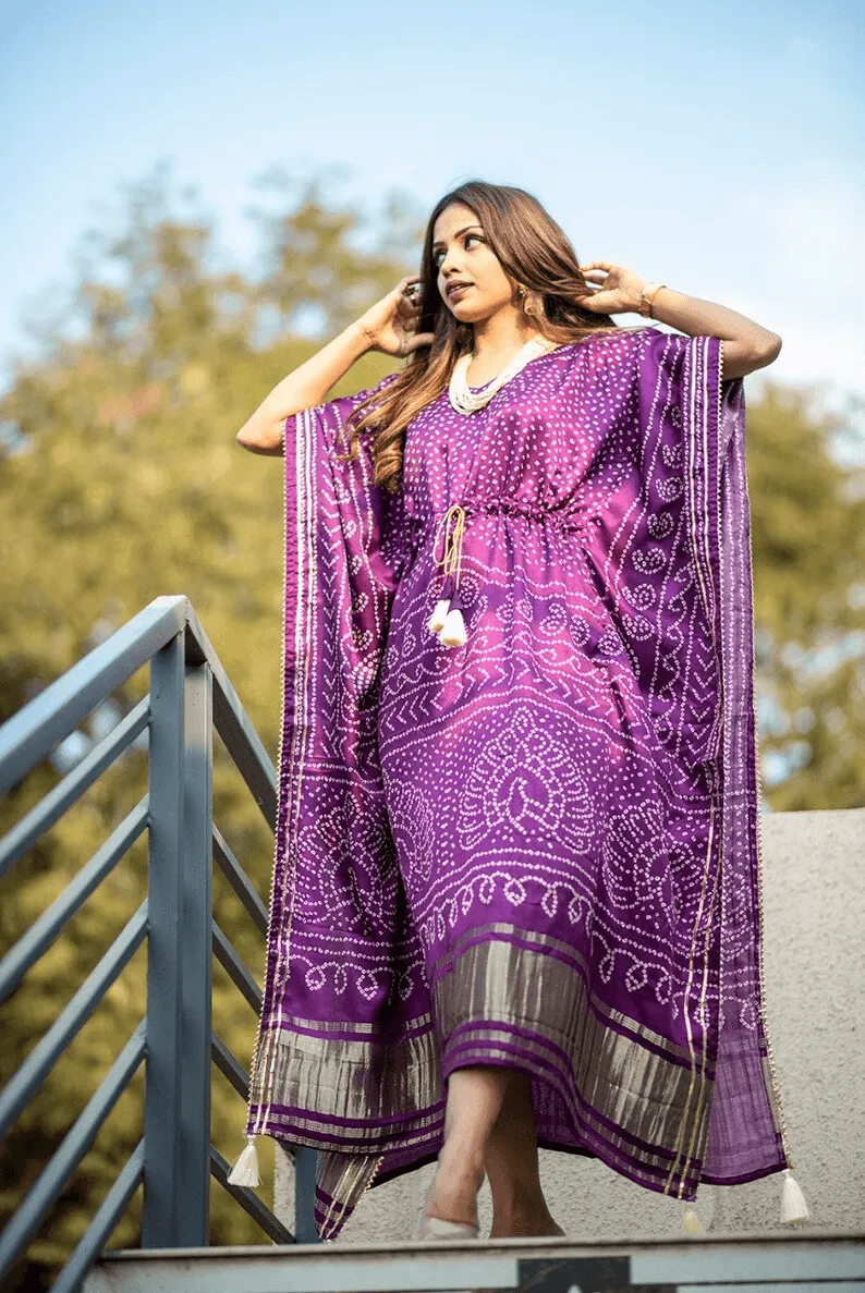 Royal Purple Silk Bandhani Kaftan Gown