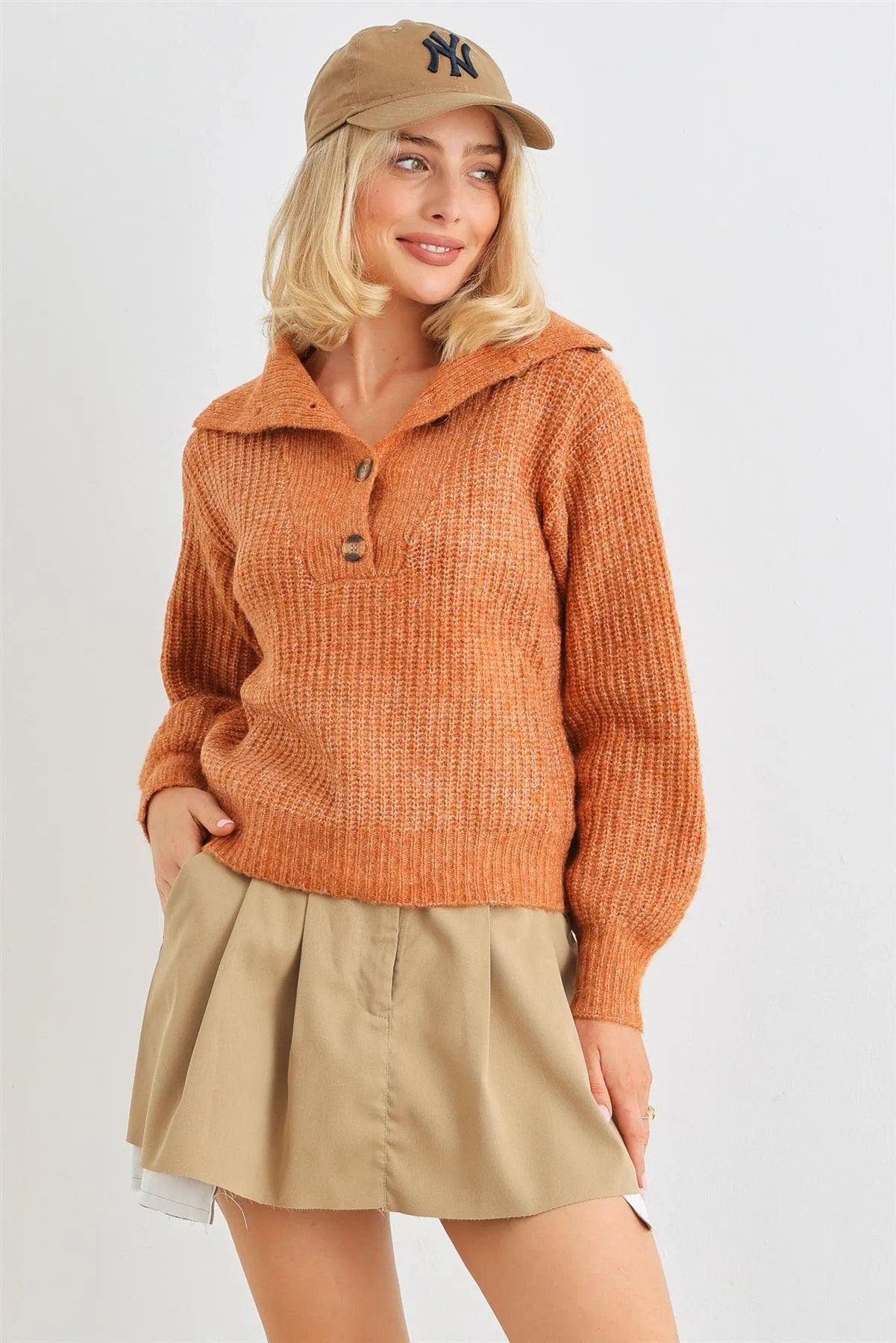 Rust Wool Knit Button-Up Neck Crop Sweater Pullover