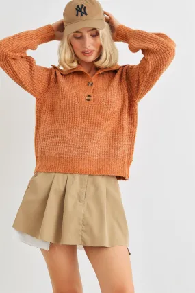 Rust Wool Knit Button-Up Neck Crop Sweater Pullover