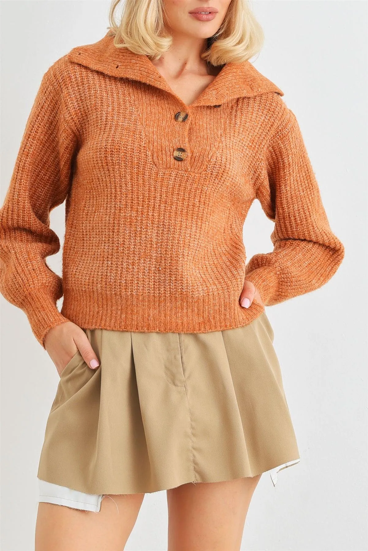 Rust Wool Knit Button-Up Neck Crop Sweater Pullover