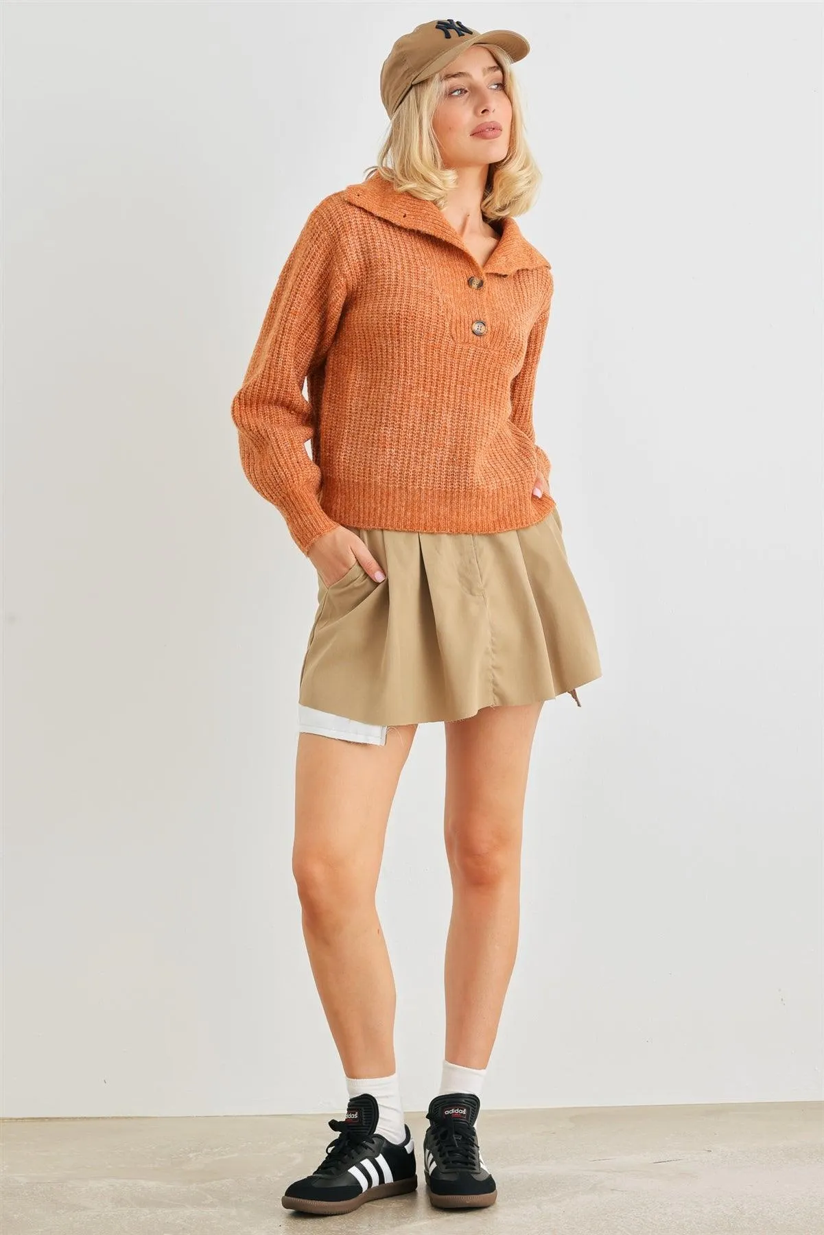 Rust Wool Knit Button-Up Neck Crop Sweater Pullover