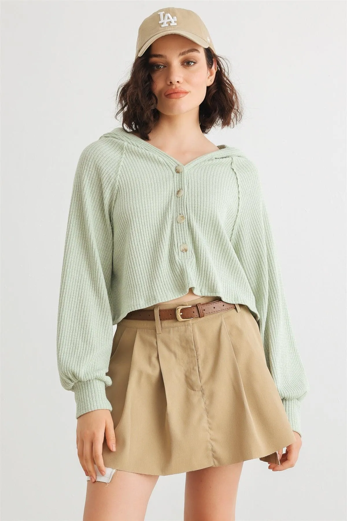 Sage Waffle Knit Button Neck Hooded Crop Top /1-2-2-1