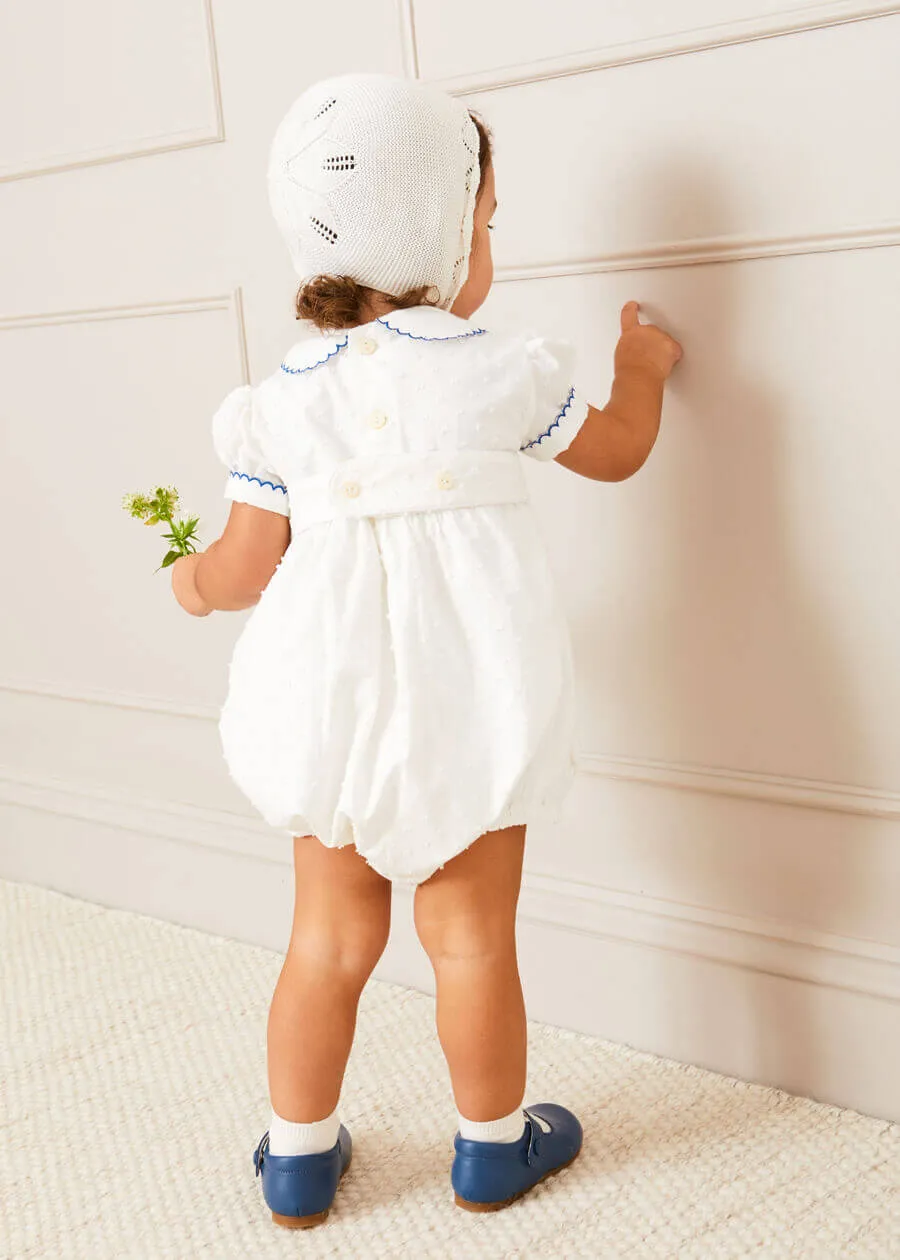 Scallop Collar Hand Smocked Short Sleeve Romper in White (6mths-2yrs)