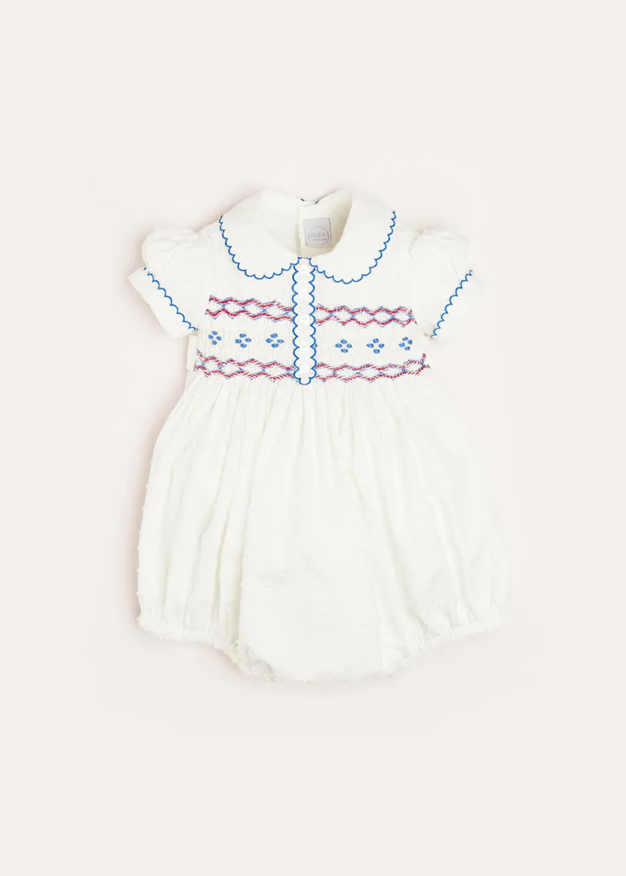 Scallop Collar Hand Smocked Short Sleeve Romper in White (6mths-2yrs)