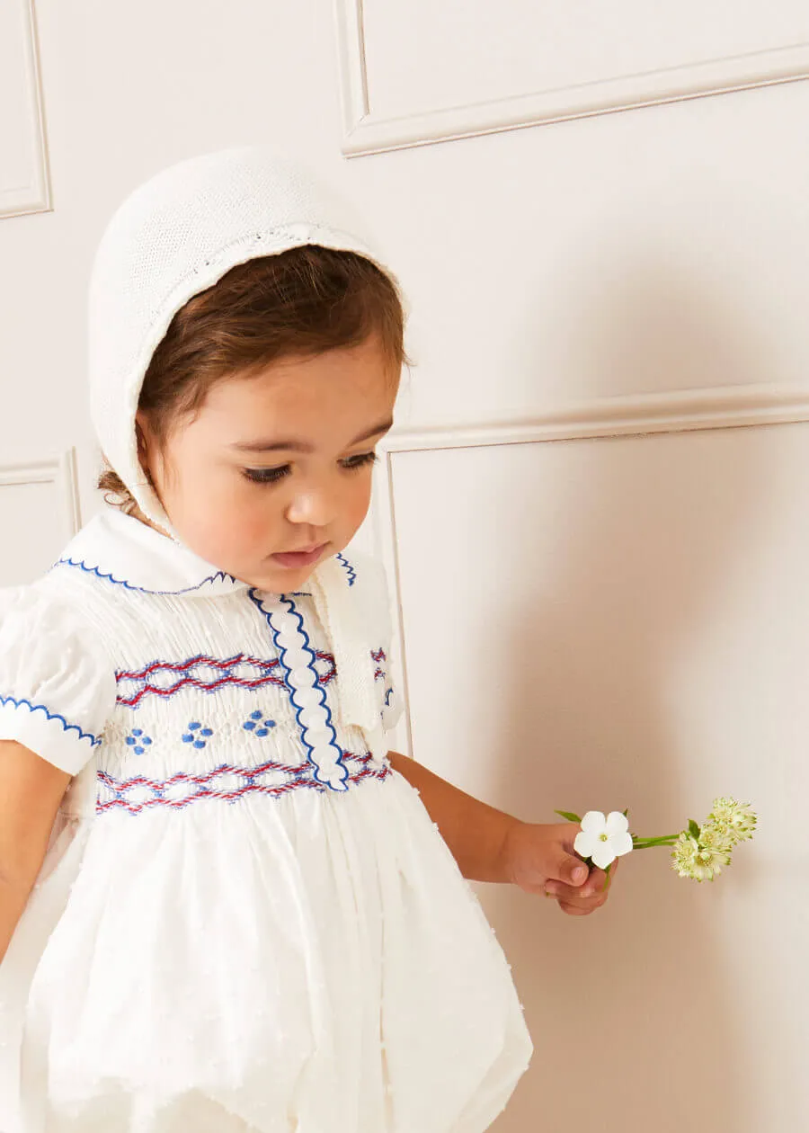 Scallop Collar Hand Smocked Short Sleeve Romper in White (6mths-2yrs)