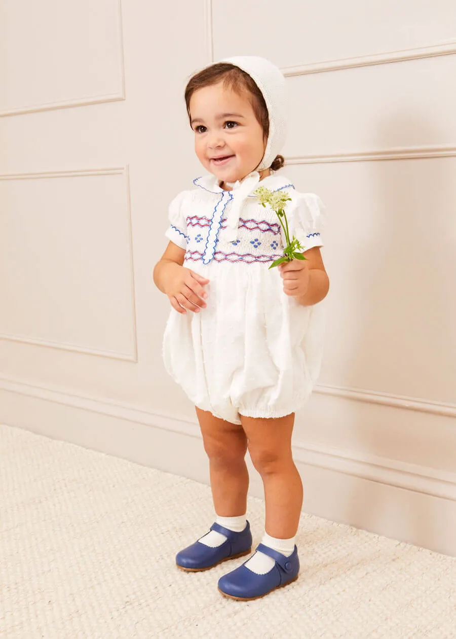 Scallop Collar Hand Smocked Short Sleeve Romper in White (6mths-2yrs)