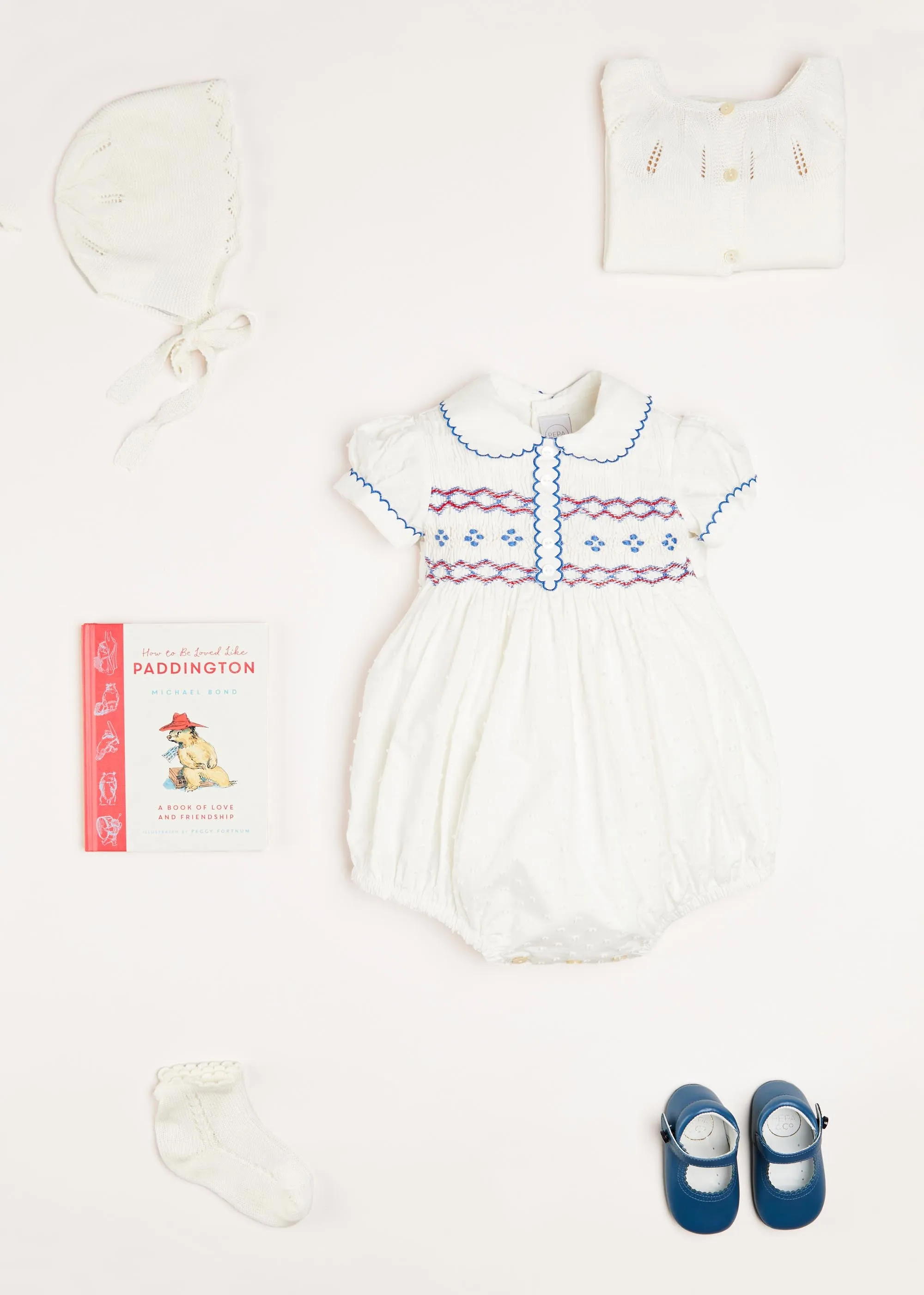 Scallop Collar Hand Smocked Short Sleeve Romper in White (6mths-2yrs)