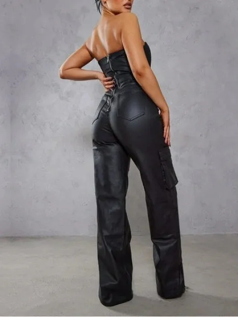 Sexy Black Faux Leather Strapless Cargo Jumpsuit Catsuit