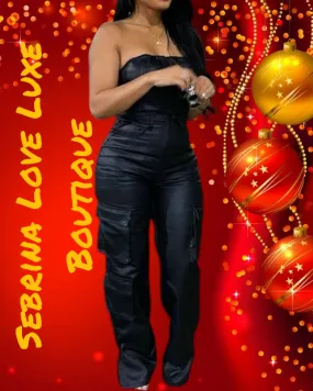 Sexy Black Faux Leather Strapless Cargo Jumpsuit Catsuit