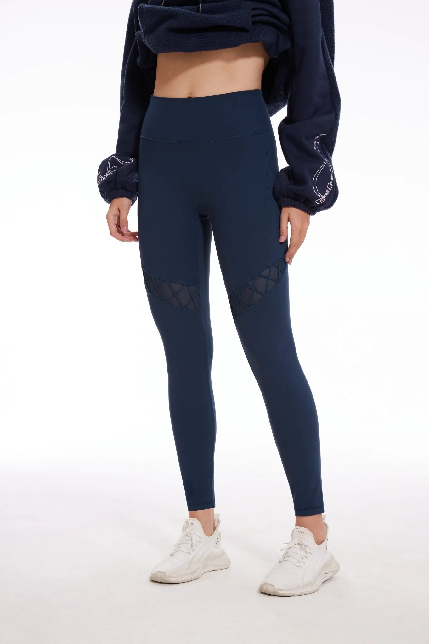 Sexy Mesh High-waisted Leggings with Pockets- Navy Blue