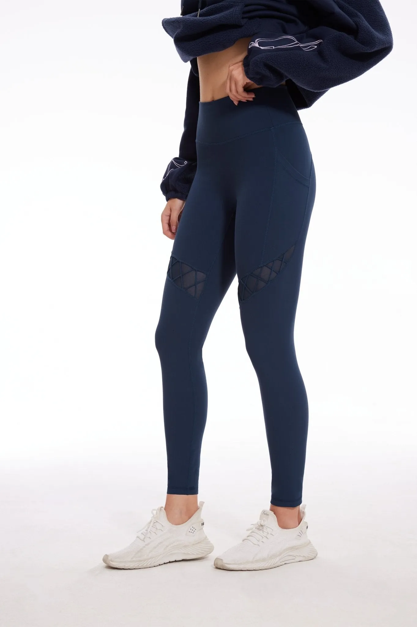 Sexy Mesh High-waisted Leggings with Pockets- Navy Blue