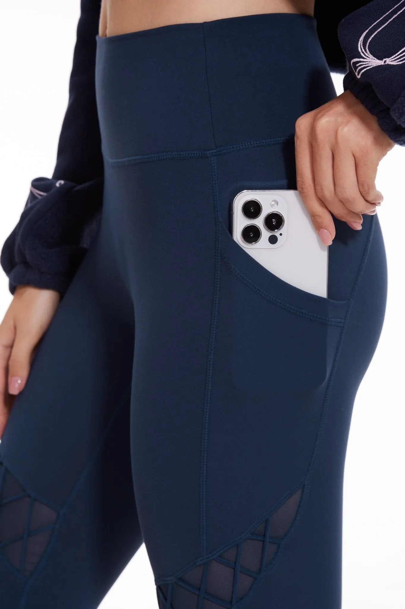 Sexy Mesh High-waisted Leggings with Pockets- Navy Blue