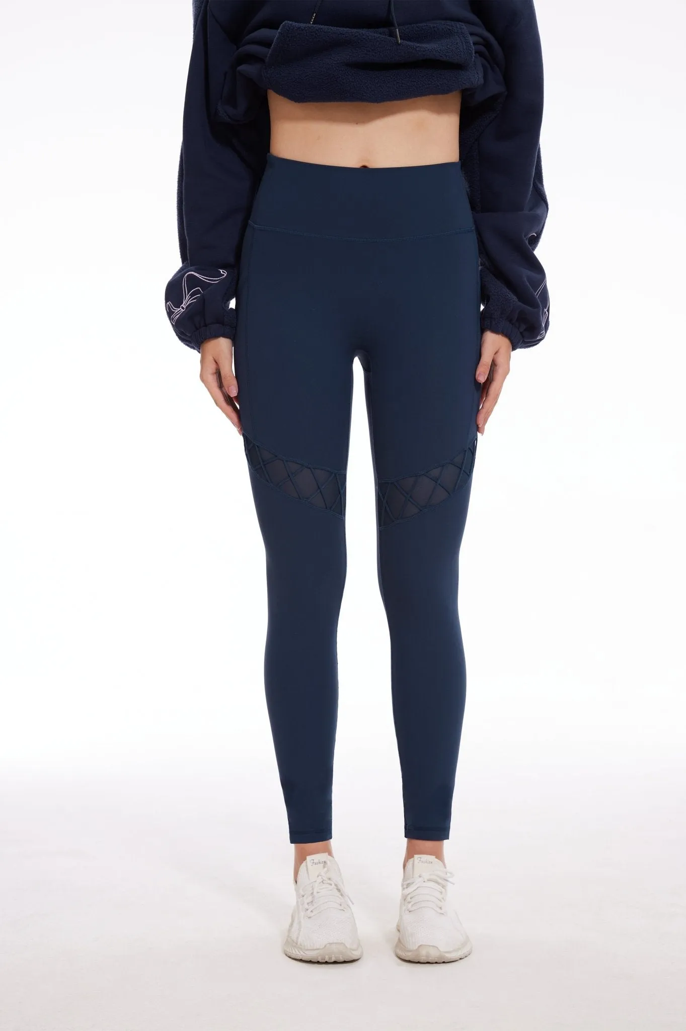 Sexy Mesh High-waisted Leggings with Pockets- Navy Blue