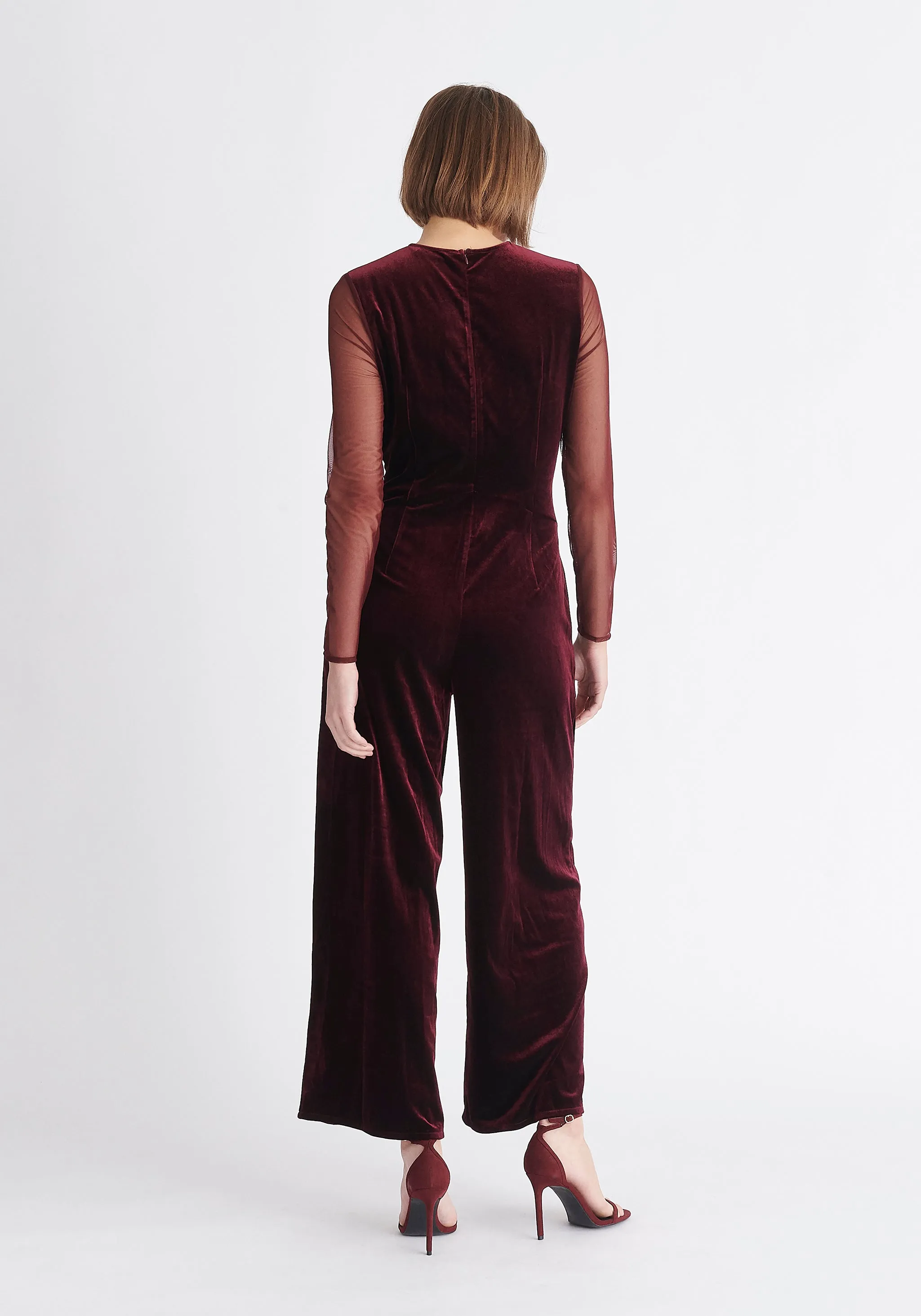 Sheer Sleeve Velvet Jumpsuit