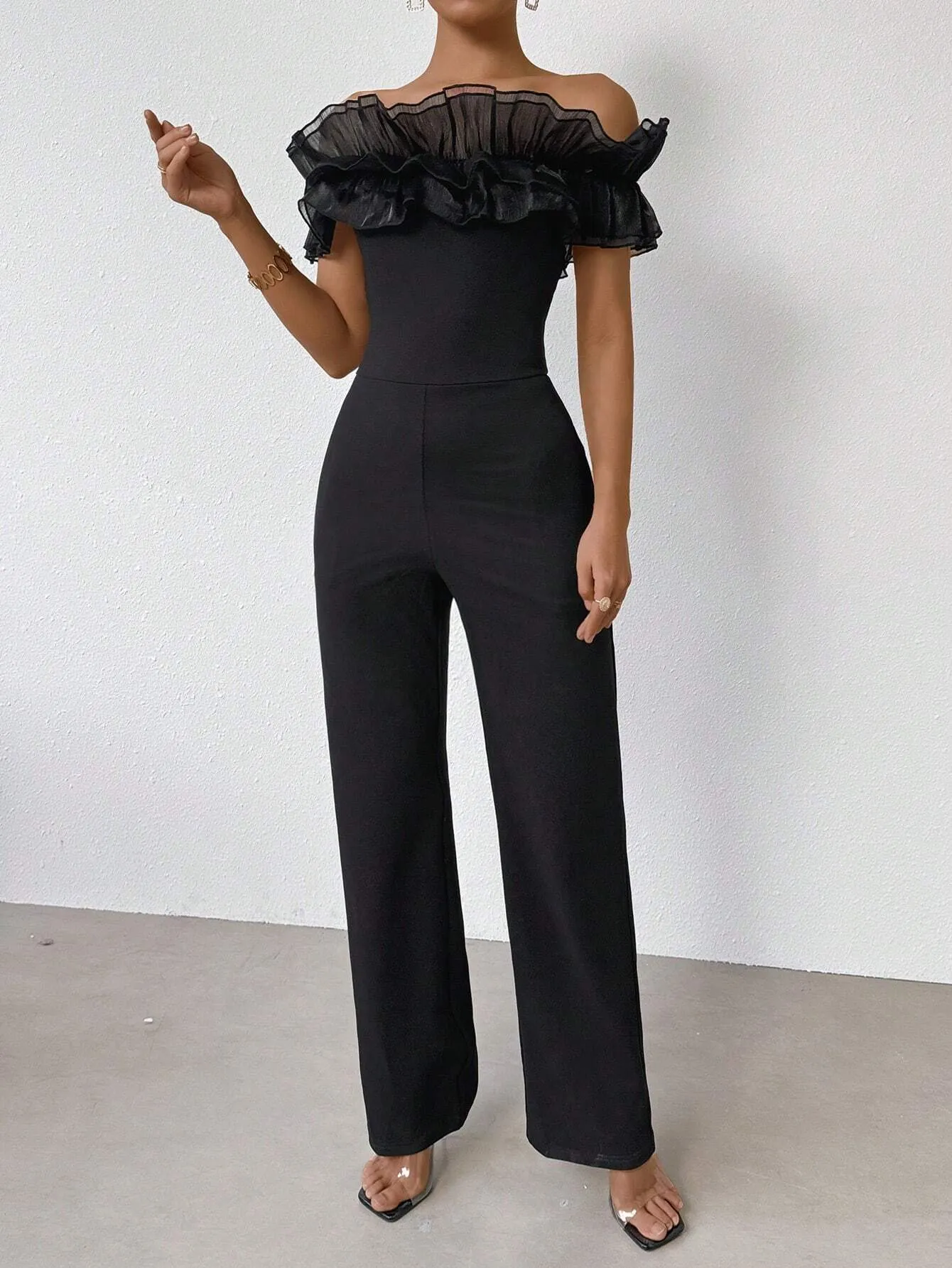 SHEIN Priv̩ Women's One Shoulder Ruffle Trim Jumpsuit