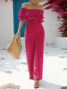 SHEIN VCAY Off Shoulder Ruffle Trim Wide Leg Jumpsuit