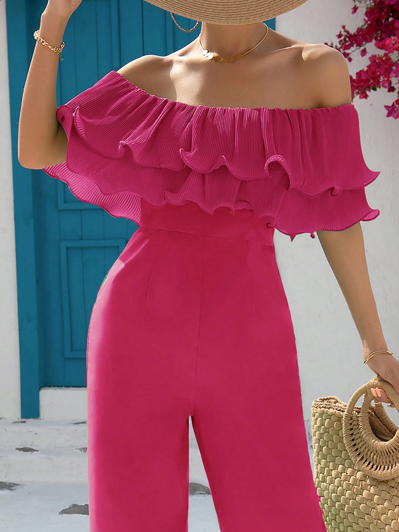 SHEIN VCAY Off Shoulder Ruffle Trim Wide Leg Jumpsuit