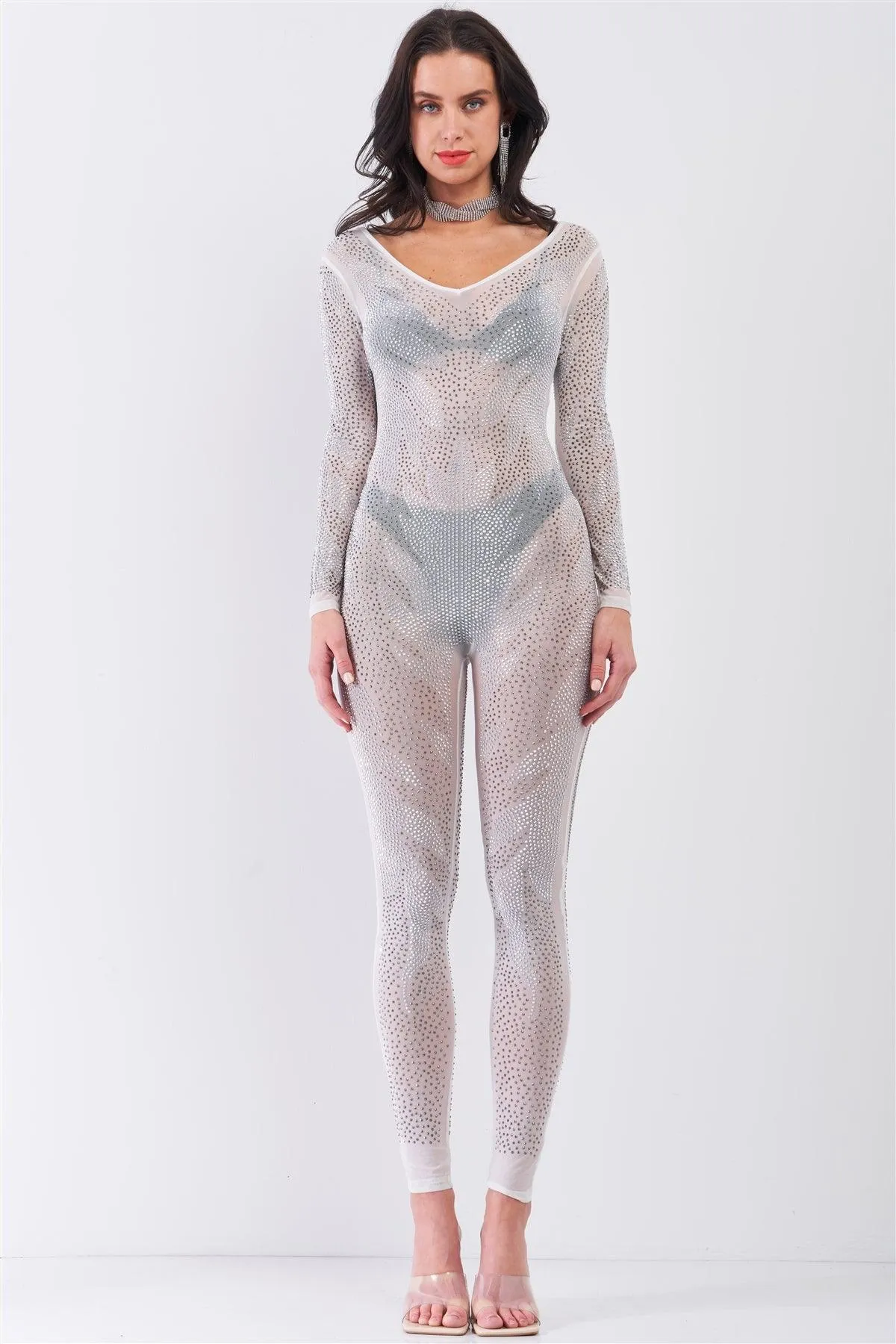 Silver Rhinestone Sheer Long Sleeve Bodycon Jumpsuit