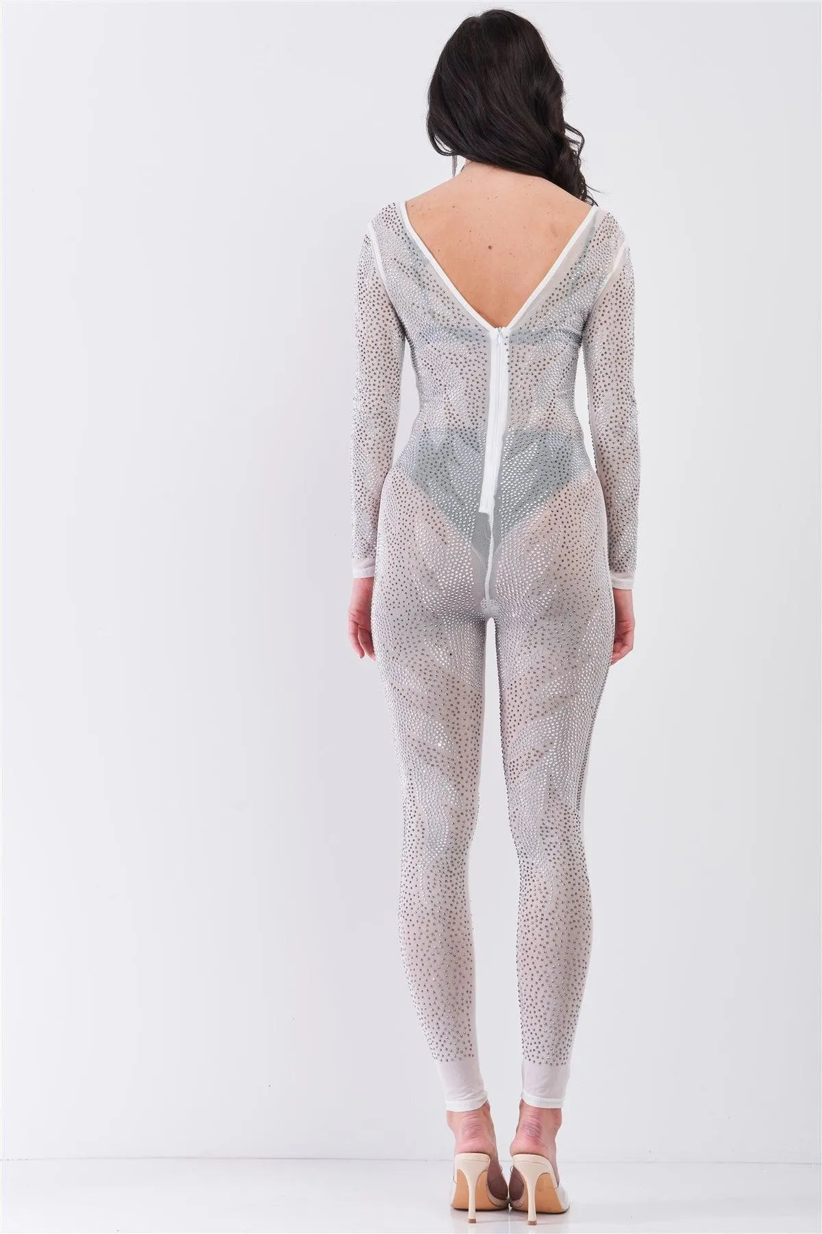 Silver Rhinestone Sheer Long Sleeve Bodycon Jumpsuit