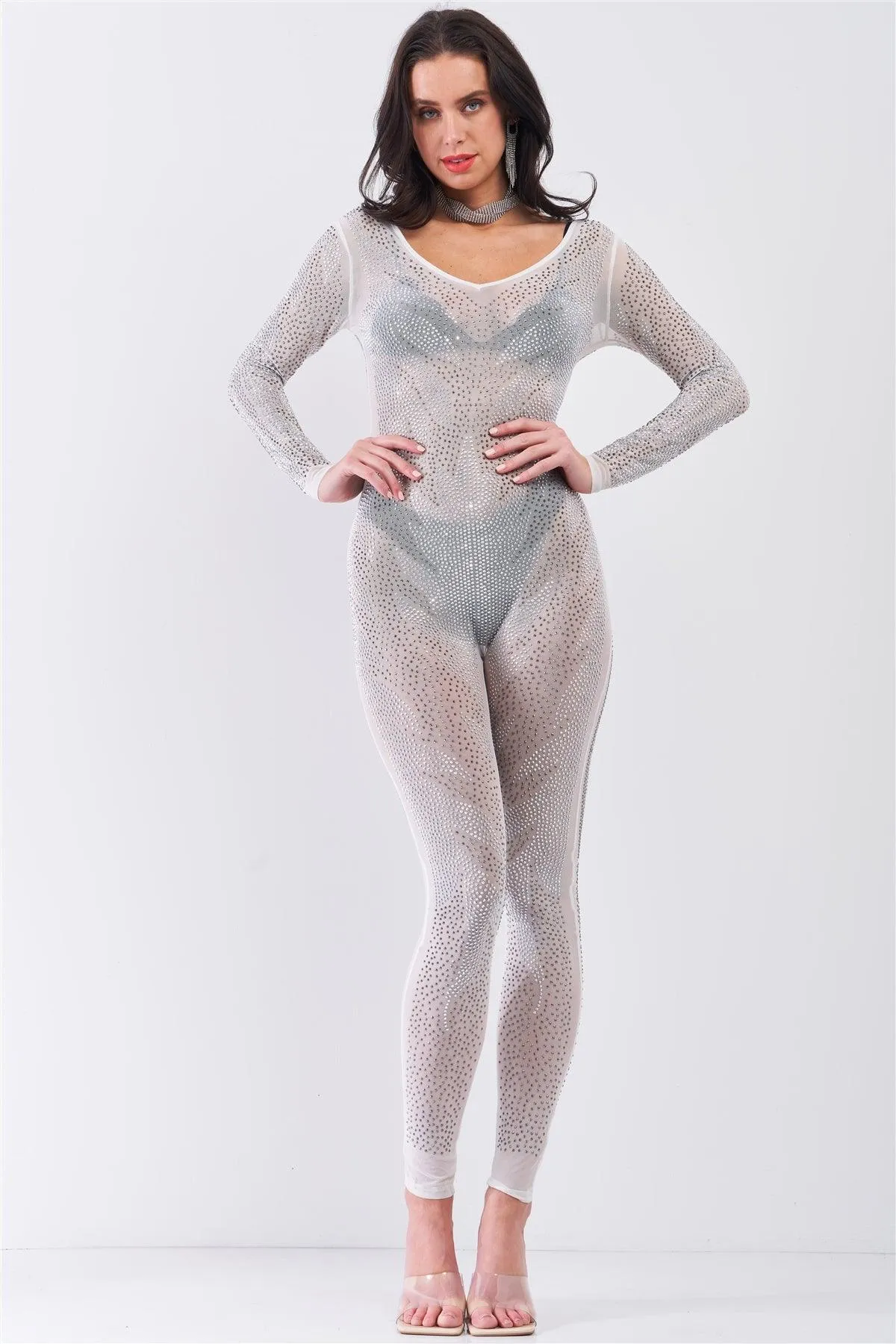 Silver Rhinestone Sheer Long Sleeve Bodycon Jumpsuit