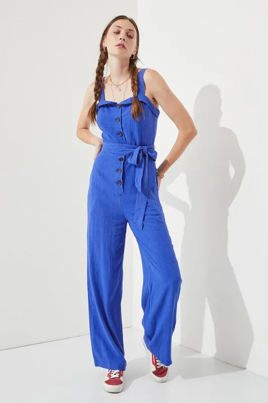 SLEEVELESS ADJUSTABLE STRAP BUTTON DOWN JUMPSUIT