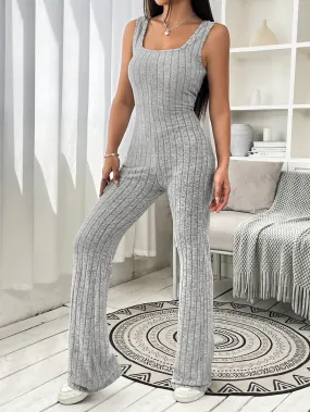 Solid Ribbed Knit Flare Leg Tank Jumpsuit SS23