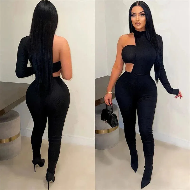 Solid Women Jumpsuits with Tube Top Sexy Cut Out Turtleneck One Shoulder Long Sleeve Skinny Overalls Spring Summer Rompers