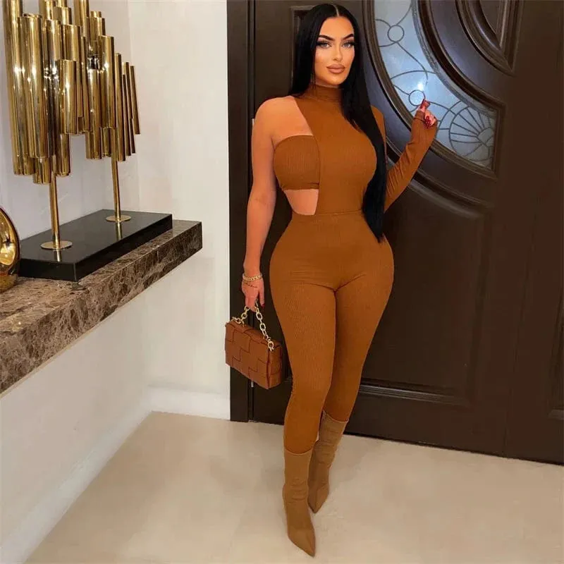 Solid Women Jumpsuits with Tube Top Sexy Cut Out Turtleneck One Shoulder Long Sleeve Skinny Overalls Spring Summer Rompers