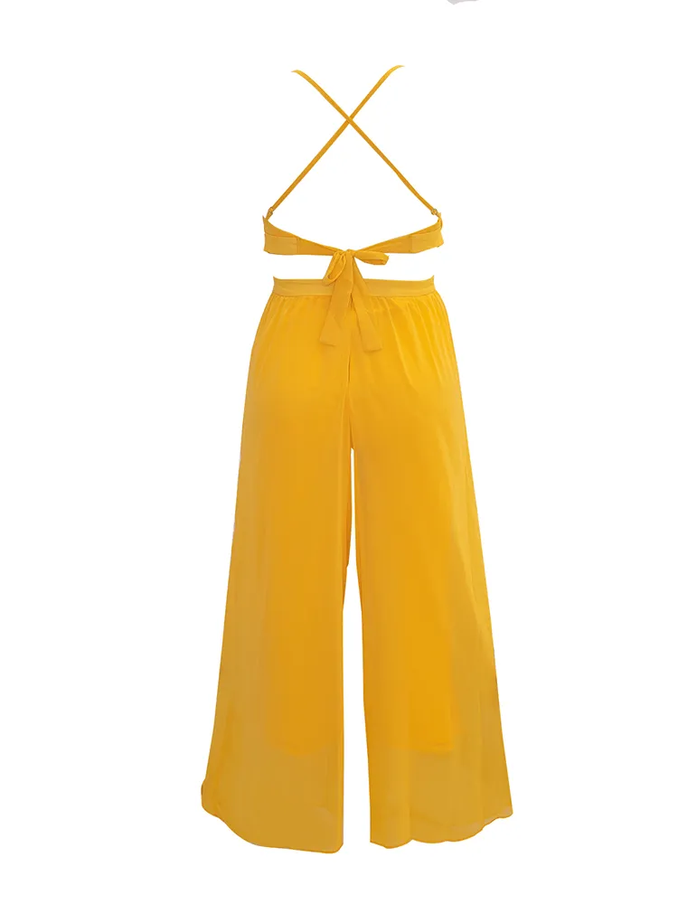 Spaghetti Strap Chiffon Backless Wide Leg Jumpsuits